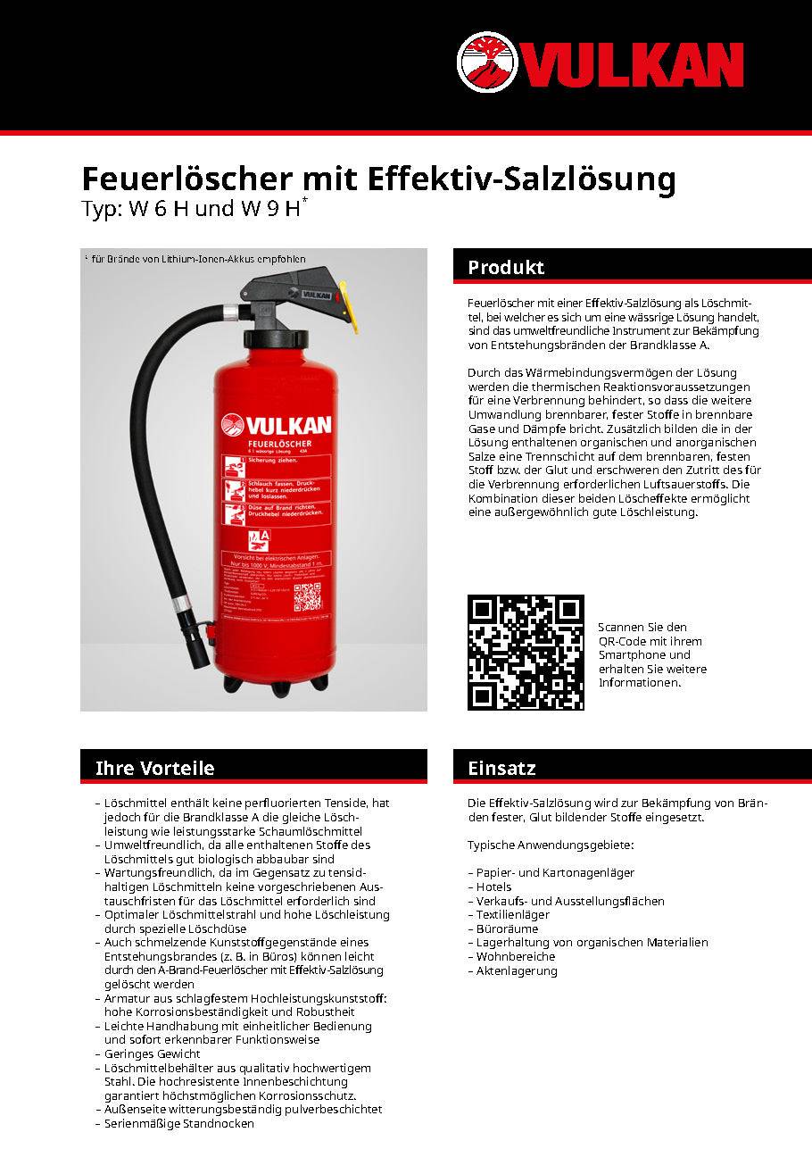 Produktblatt des Wasser Aufladefeuerlöschers 9 Liter fluorfrei - W9H mit Effektiv-Salzlösung, Vorteilen und Einsatzgebieten für Haushalt und Gewerbe.