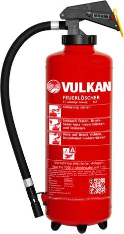 Wasser Aufladefeuerlöscher 9 Liter fluorfrei - W9H von VULKAN mit Schlauch und Druckhebel, ideal für Lithium-Ionen-Akkus in Brandklasse A.