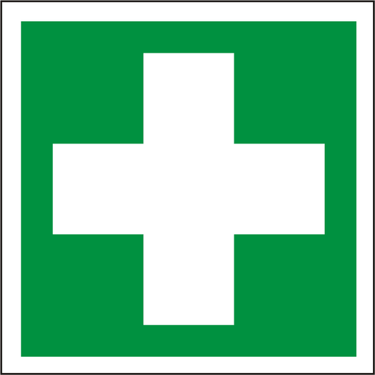 Rettungsschild Erste Hilfe nach ISO 7010 mit weißem Kreuz auf grünem Hintergrund. Erhältlich in verschiedenen Materialien und Größen, langnachleuchtend und selbstklebend.