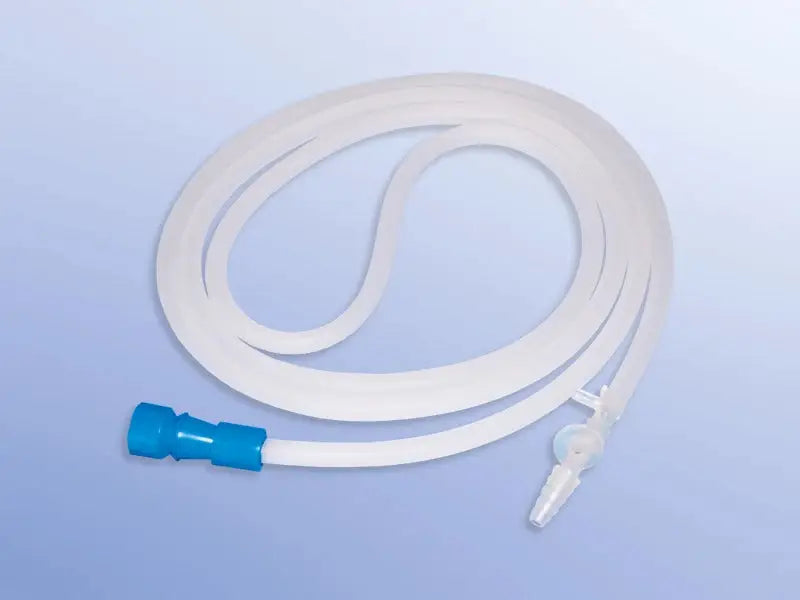 Absaugverbindungsschläuch Dahlhausen CH 25 Trichter/Fingertip mit transparentem Schlauch und blauer Trichterverbindung für medizinische Absauggeräte. Ideal für den Einsatz in Kliniken und Praxen im Bereich Absaugkatheter.