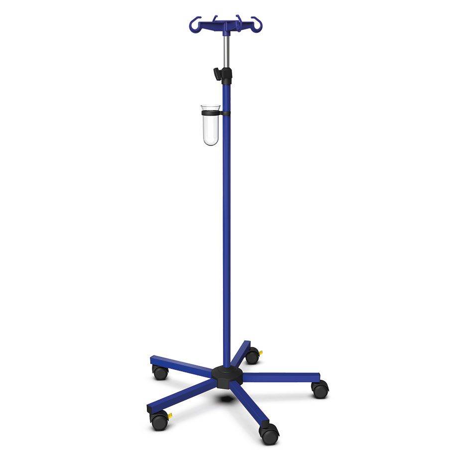 Blauer Infusionsständer ratiomed aus Stahl mit 4 Haken, höhenverstellbar, 5 Rollen, belastbar bis 2 kg pro Haken, ideal für Klinikbedarf.
