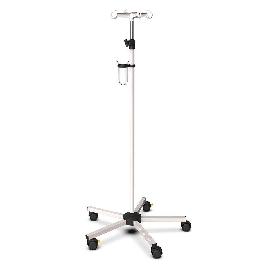 Weißer Infusionsständer ratiomed mit Tropfglashalter, stabile Stahlkonstruktion, höhenverstellbar, 5 Rollen, perfekt für medizinische Einrichtungen.