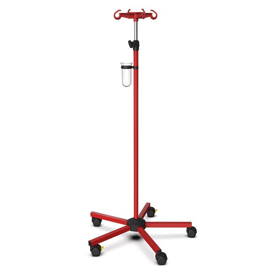 Roter Infusionsständer ratiomed mit 4 belastbaren Haken à 2 kg, höhenverstellbar, auf 5 Rollen für flexible Nutzung im Klinikalltag.