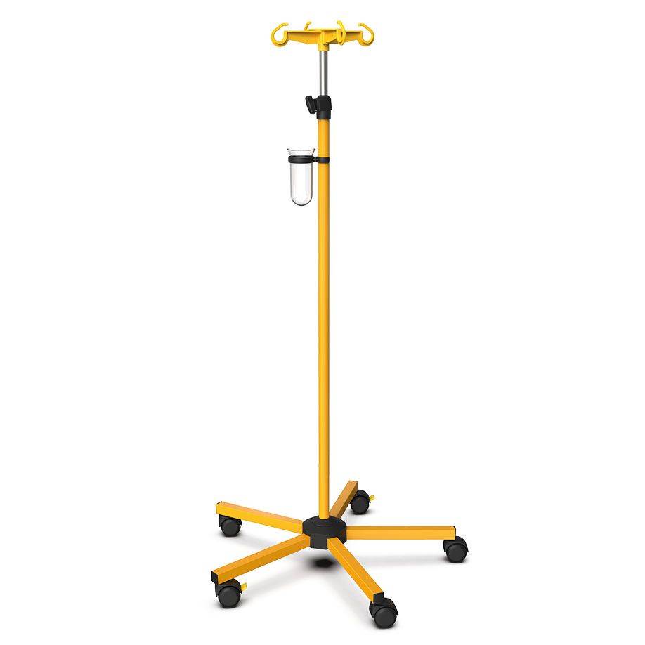 Gelber Infusionsständer ratiomed aus Stahl, höhenverstellbar mit 5 Rollen und Tropfglashalter, ideal für den professionellen Klinikbedarf.