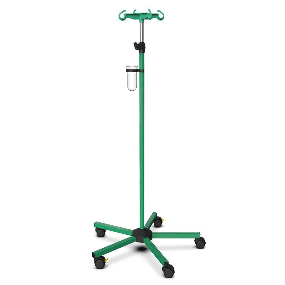 Grüner Infusionsständer ratiomed mit robuster Stahlkonstruktion, 4 Haken à 2 kg, höhenverstellbar, mobil auf 5 Rollen, Made in Germany.