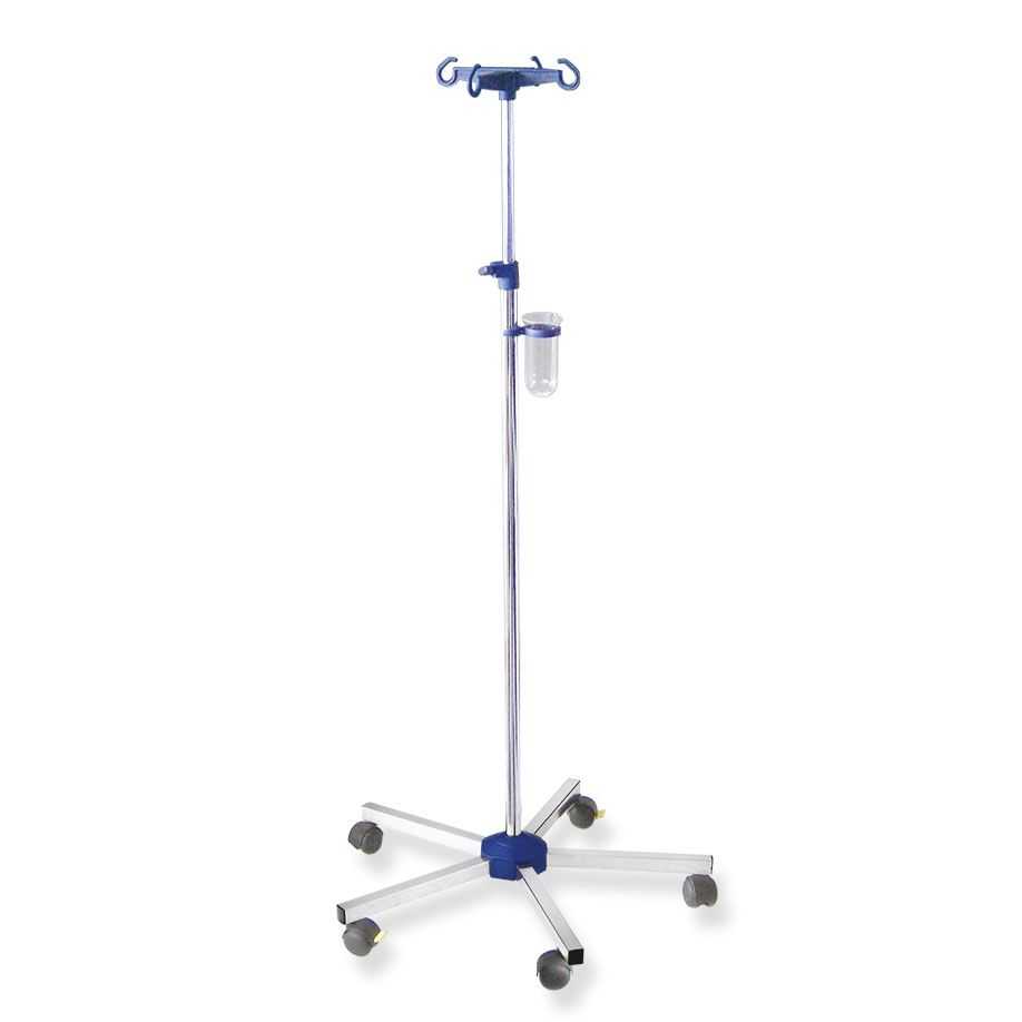 Infusionsständer ratiomed verchromt mit 4 Haken, höhenverstellbar aus Stahl, inklusive Tropfglashalter auf rollbarem Fußkreuz für medizinische Anwendungen