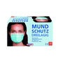Verpackung mit 50 Stück Mundschutz EN 14683 Typ II R, 3-lagig, >99% Schutz, medizinische Qualität, CE-zertifiziert in Blau.