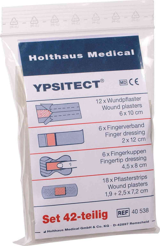 Pflasterset DIN YPSITECT® - 42-teiliges Sortiment für Erste Hilfe mit Wundpflastern, Fingerverbänden und Pflasterstrips in transparenter Verpackung. Ideal für betriebliche und private Erste-Hilfe-Sets nach DIN-Norm.