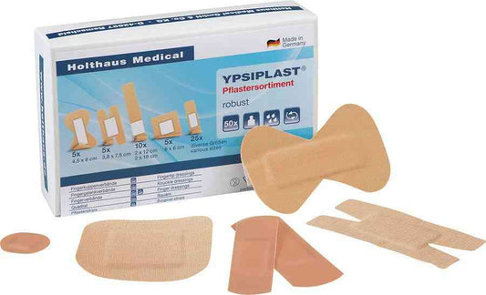 Entdecken Sie das Pflastersortiment YPSIPLAST® robust. 50 Teile in verschiedenen Größen bieten umfassenden Schutz und sind flexibel einsetzbar.