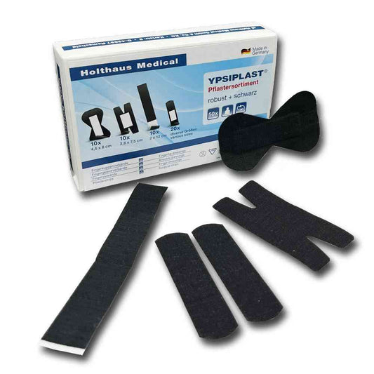 YPSIPLAST® Pflastersortiment: Robust, Schwarz, 50-teilig – verschiedene Pflasterformen in Schwarz für starke Haftung bei Erste-Hilfe-Anwendungen.