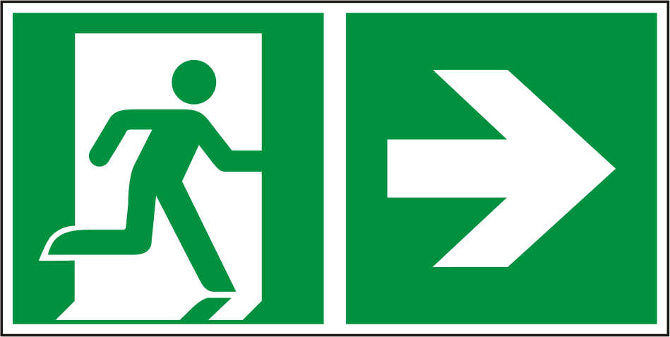 Notausgangsschild rechts - Fluchtwege kennzeichnen gemäß ISO 7010. Langnachleuchtendes Rettungswegschild mit weißem Pfeil und Fluchtsymbol auf grünem Hintergrund.