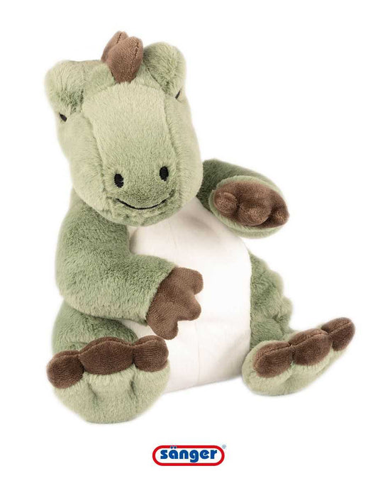 Grünes Kirschkernkissen Dino Jurassic Heat Plüschtierbezüge mit braunen Details, ideal als Wärmekissen und Kuscheltier für Kinder.