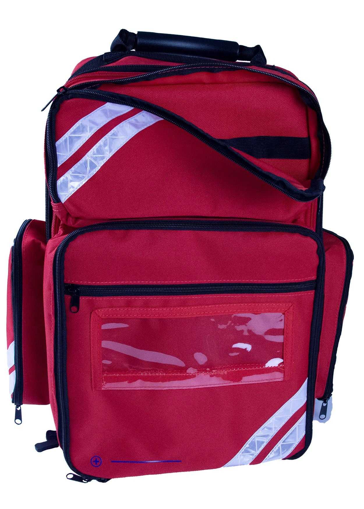 Rucksack ultraRESCUE LITE mit 4 Modultaschen in Rot mit reflektierenden Streifen, ideal für Notfall- und Erste-Hilfe-Einsätze.