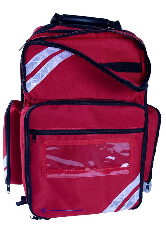 Rucksack ultraRESCUE LITE mit 4 Modultaschen in Rot mit reflektierenden Streifen, ideal für Notfall- und Erste-Hilfe-Einsätze.