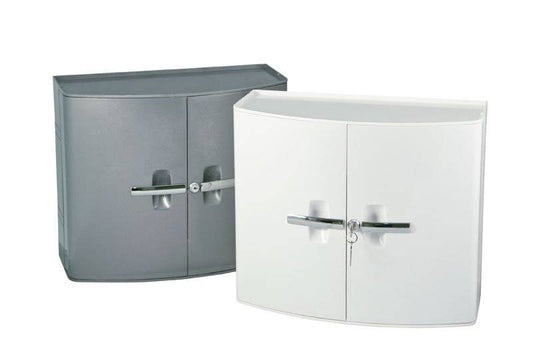 Sani Cab Verbandschrank – 2-türig, abschließbar, leer in Weiß und Silber. Ideal für Erste Hilfe nach DIN 13157/13169 im Betrieb oder Zuhause.